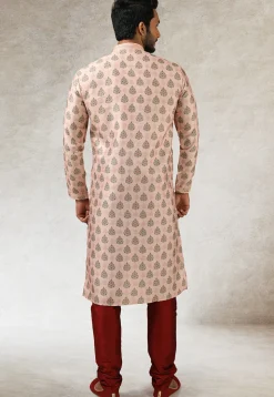 Digital Printed Art Silk Kurta Set in Peach