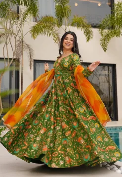 Digital Printed Art Silk Abaya Style Suit in Green