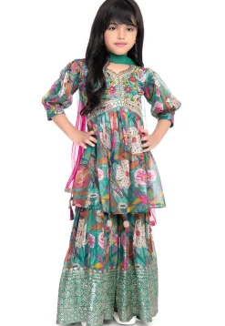 Digital Printed Art Silk Pakistani Suit in Teal Green