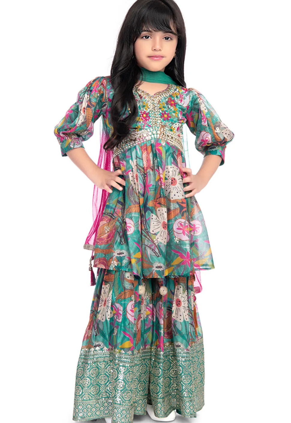 Digital Printed Art Silk Pakistani Suit in Teal Green