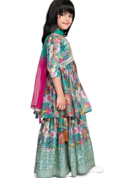Digital Printed Art Silk Pakistani Suit in Teal Green