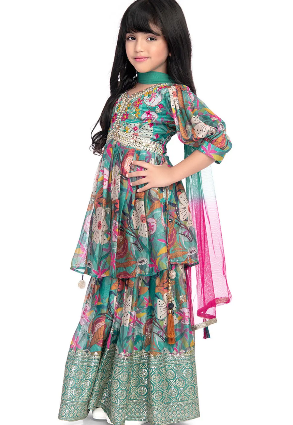Digital Printed Art Silk Pakistani Suit in Teal Green