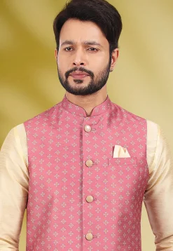 Digital Printed Art Silk Nehru Jacket in Pink