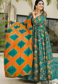 Digital Printed Art Silk Abaya Style Suit in Teal Green