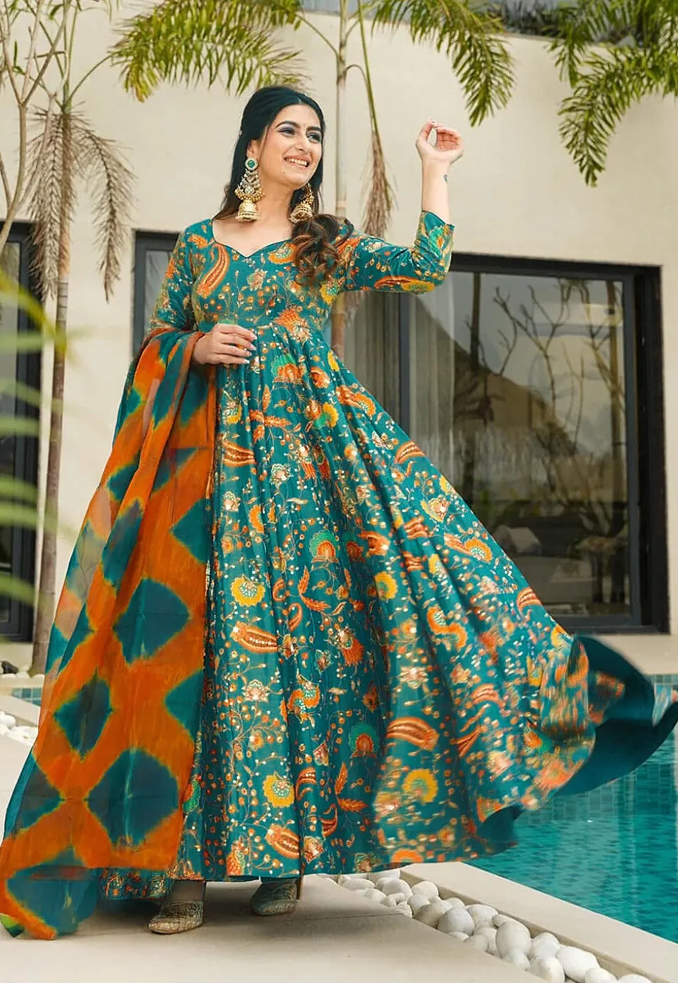 Digital Printed Art Silk Abaya Style Suit in Teal Green
