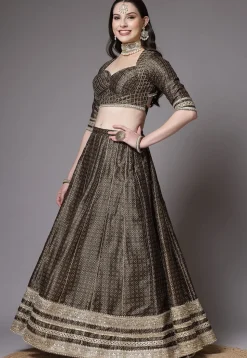 Digital Printed Art Silk Lehenga in Olive Green