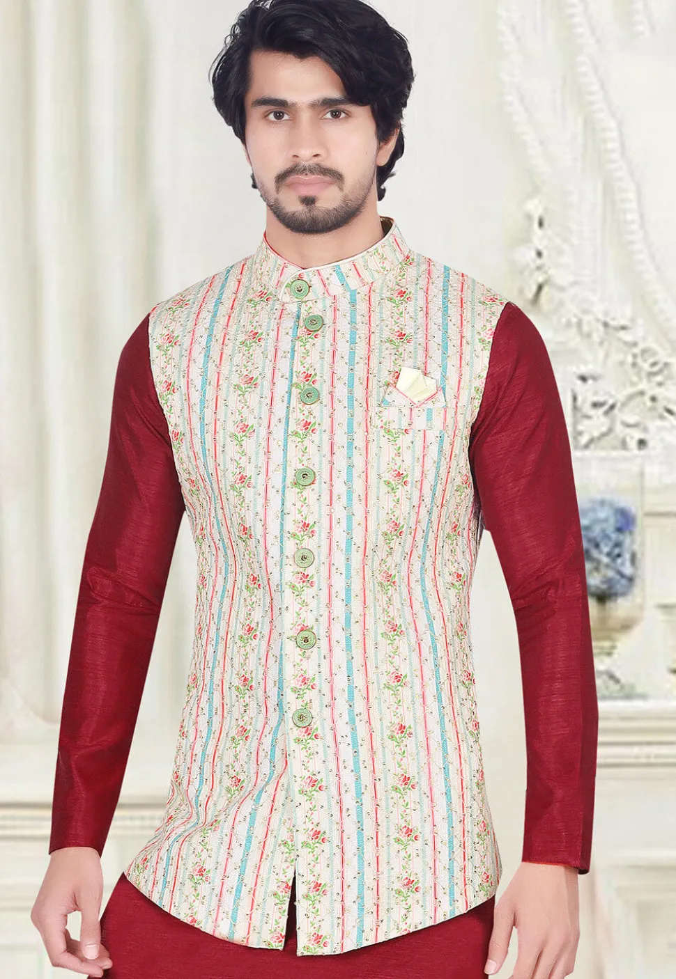 Digital Printed Art Silk Long Nehru Jacket in Cream