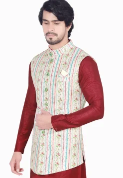 Digital Printed Art Silk Long Nehru Jacket in Cream
