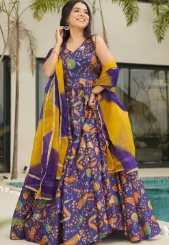Digital Printed Art Silk Abaya Style Suit in Purple