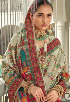 Digital Printed Art Silk Saree in Off White