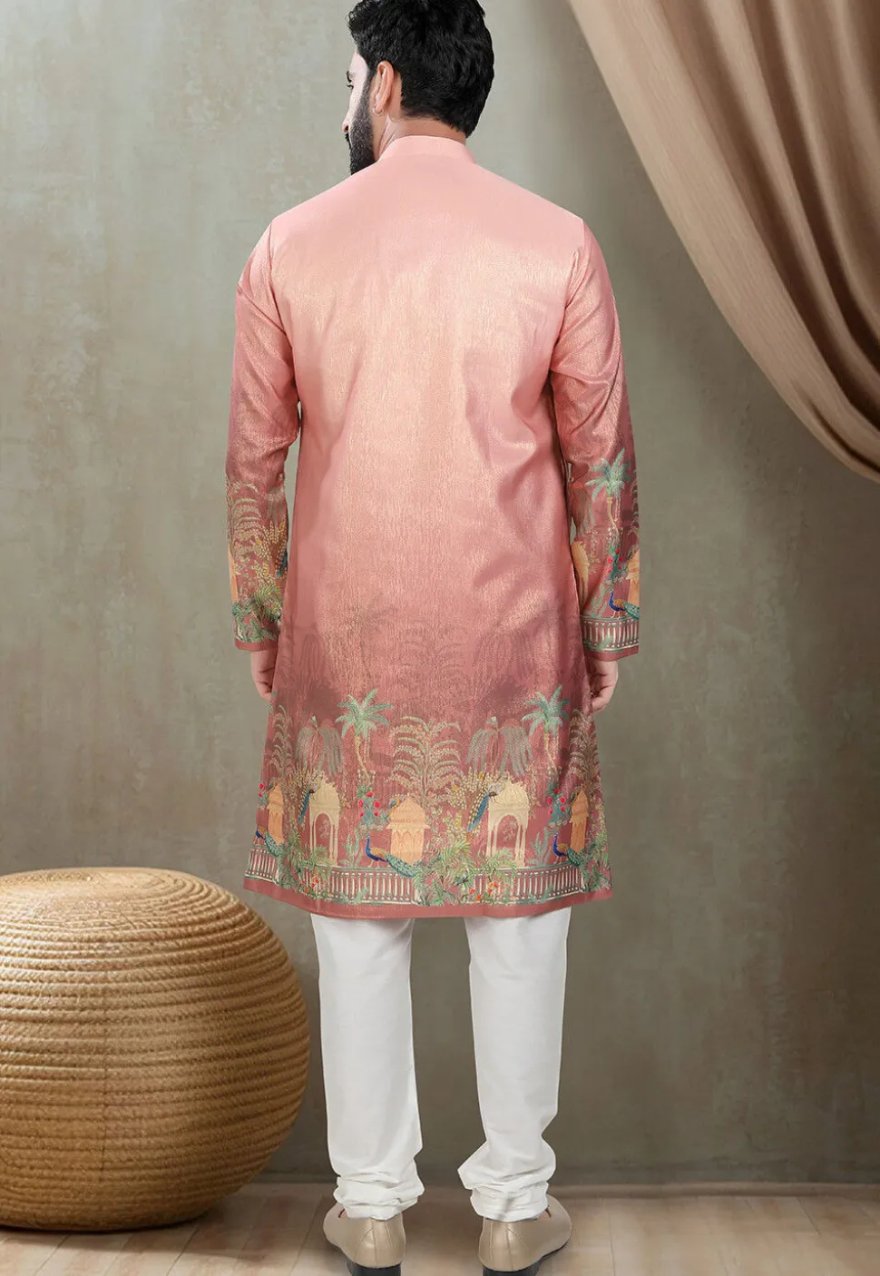 Digital Printed Art Silk Kurta Set in Peach