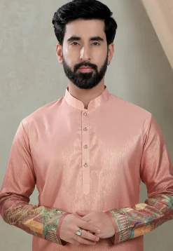 Digital Printed Art Silk Kurta Set in Peach