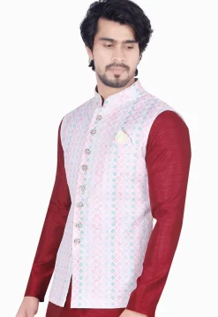 Digital Printed Art Silk Nehru Jacket in Multicolor