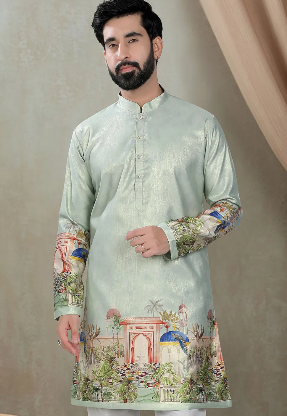 Digital Printed Art Silk Kurta in Light Green