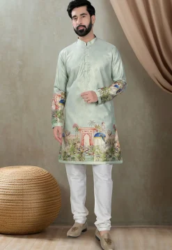 Digital Printed Art Silk Kurta in Light Green