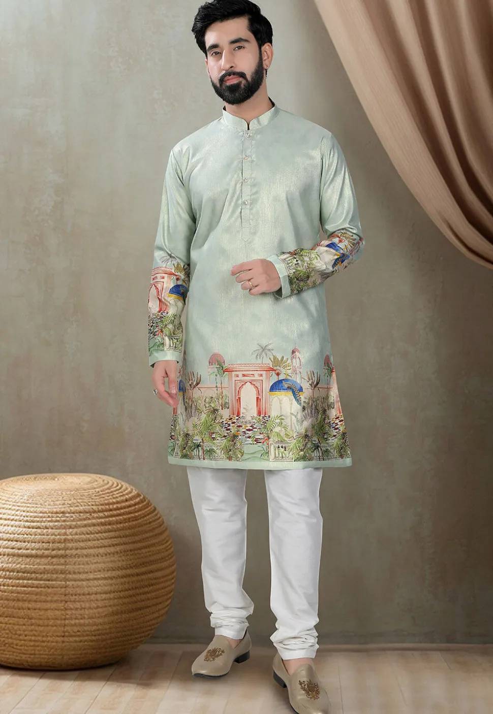 Digital Printed Art Silk Kurta in Light Green