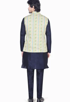 Digital Printed Art Silk Nehru Jacket in Cream