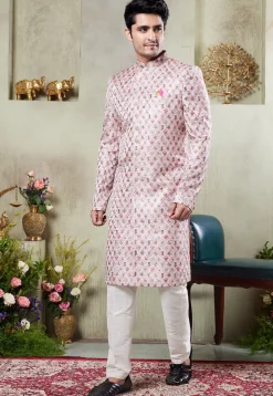 Digital Printed Art Silk Sherwani in Pink