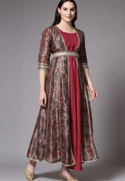 Digital Printed Art Silk Jacket Style Dress in Brown and Maroon