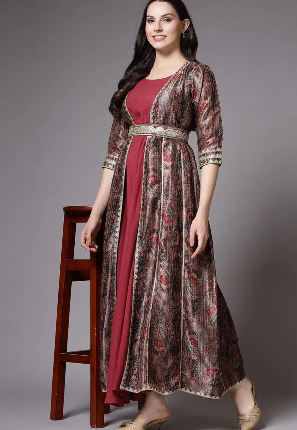 Digital Printed Art Silk Jacket Style Dress in Brown and Maroon