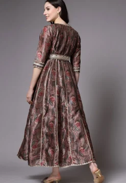 Digital Printed Art Silk Jacket Style Dress in Brown and Maroon