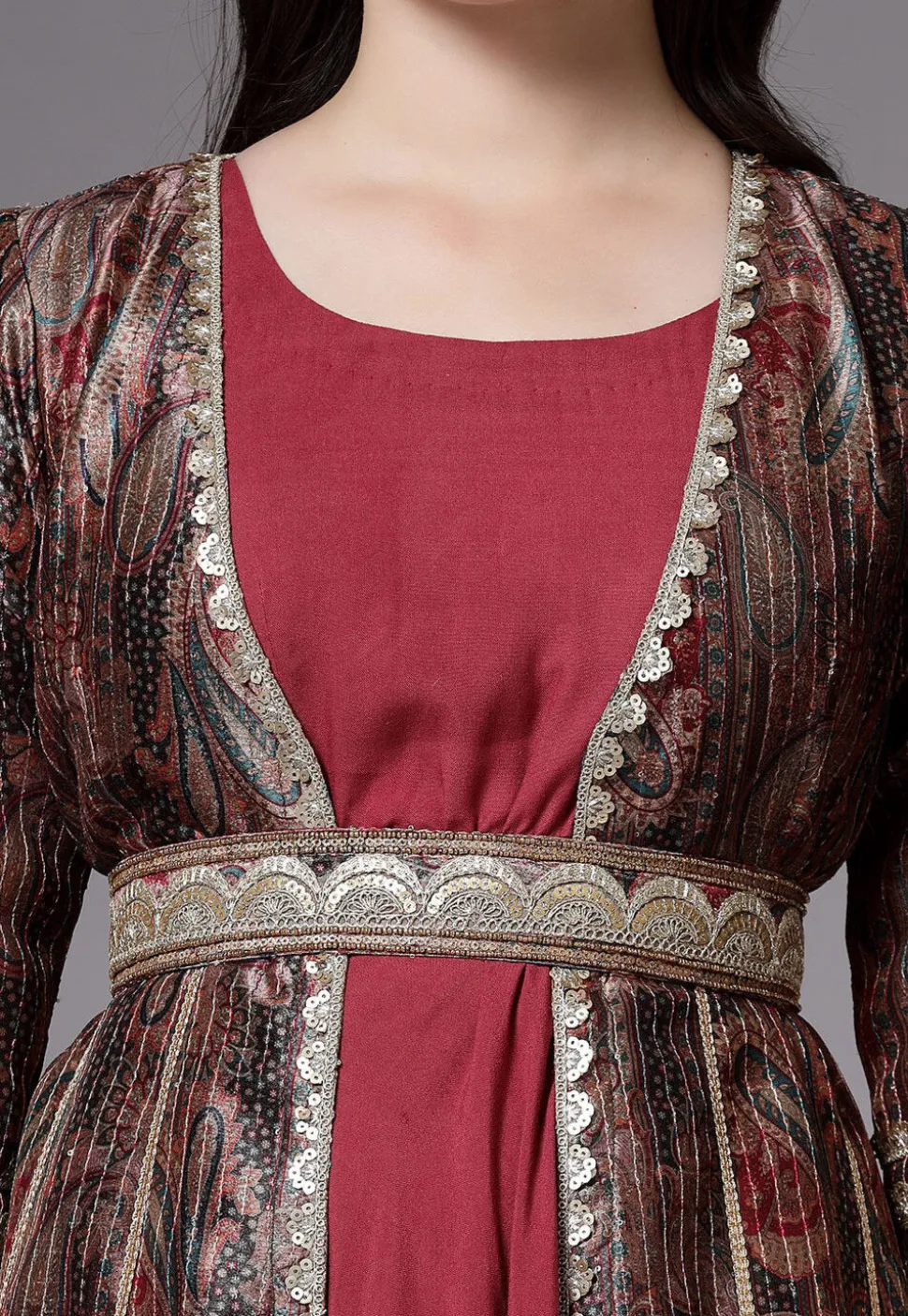 Digital Printed Art Silk Jacket Style Dress in Brown and Maroon
