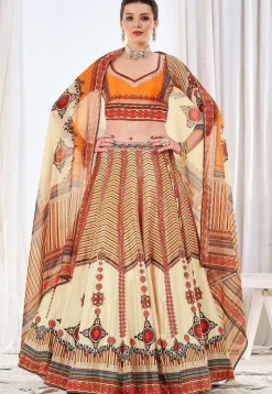 Digital Printed Art Silk Lehenga in Beige