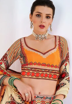 Digital Printed Art Silk Lehenga in Beige