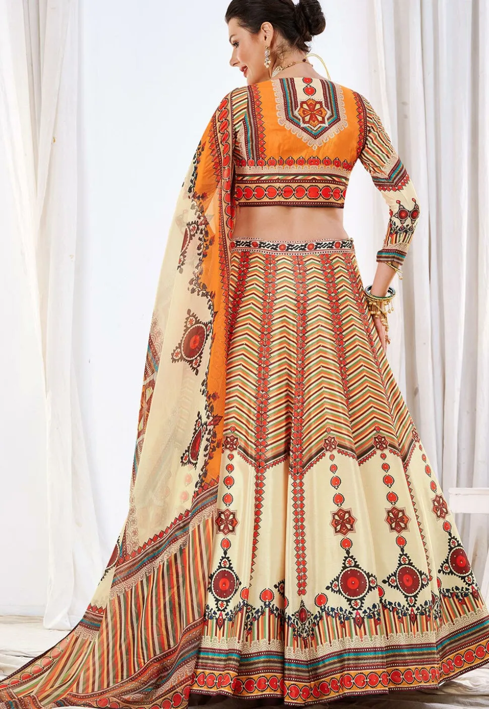 Digital Printed Art Silk Lehenga in Beige