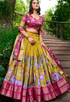 Digital Printed Art Silk Lehenga in Yellow