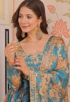 Digital Printed Art Silk Abaya Style Suit in Blue