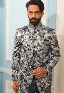 Digital Printed Art Silk Jodhpuri Jacket in Grey