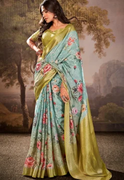 Digital Printed Art Silk Saree in Sky Blue