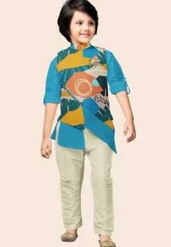 Digital Printed Art Silk Asymmetric Kurta Set in Blue