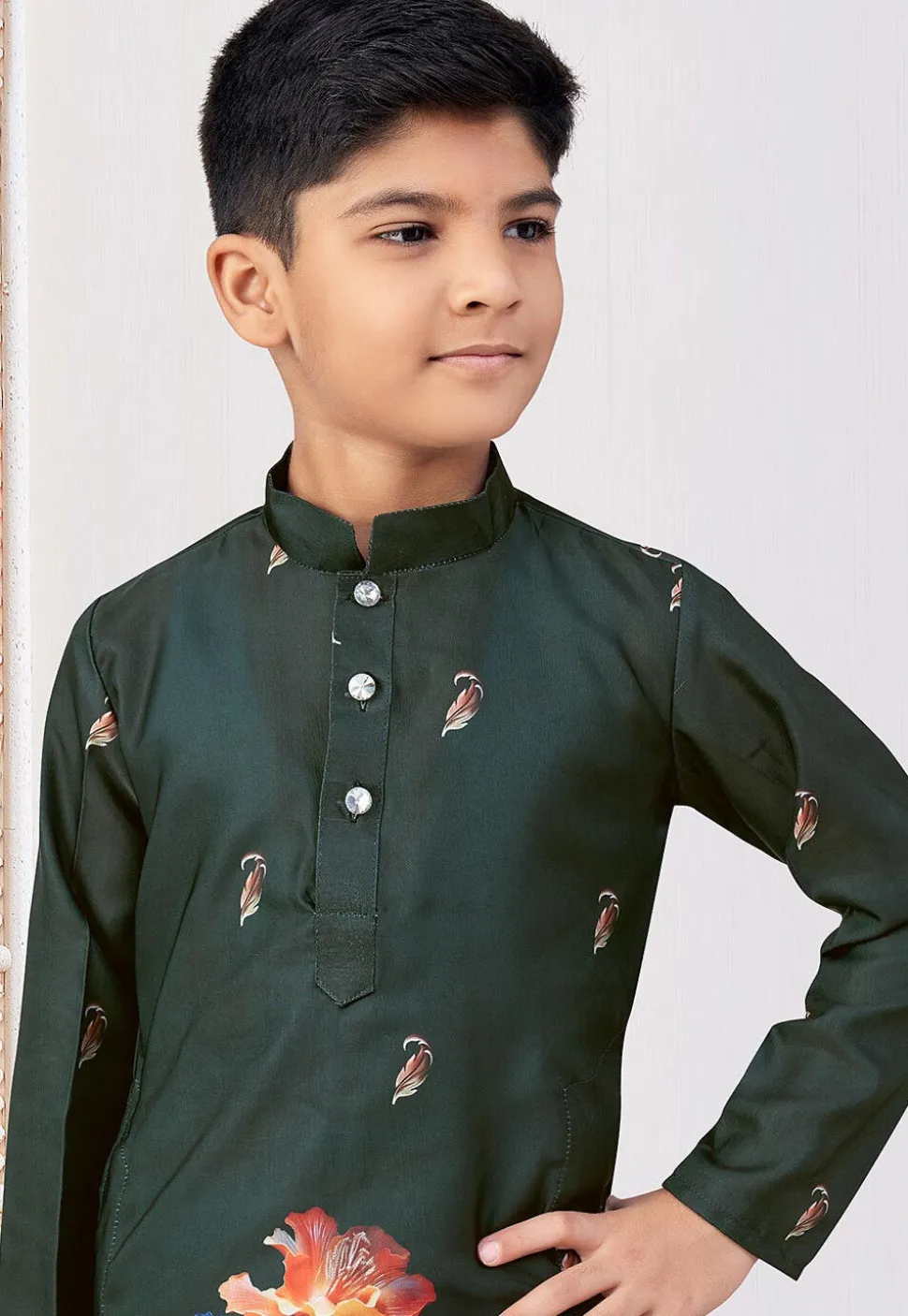 Digital Printed Art Silk Kurta Set in Dark Green