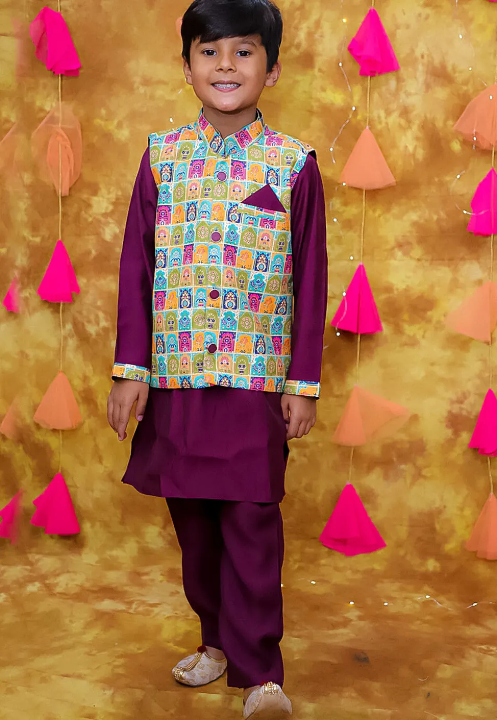 Digital Printed Art Silk Kurta Set in Violet