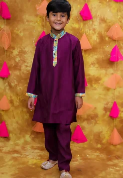 Digital Printed Art Silk Kurta Set in Violet