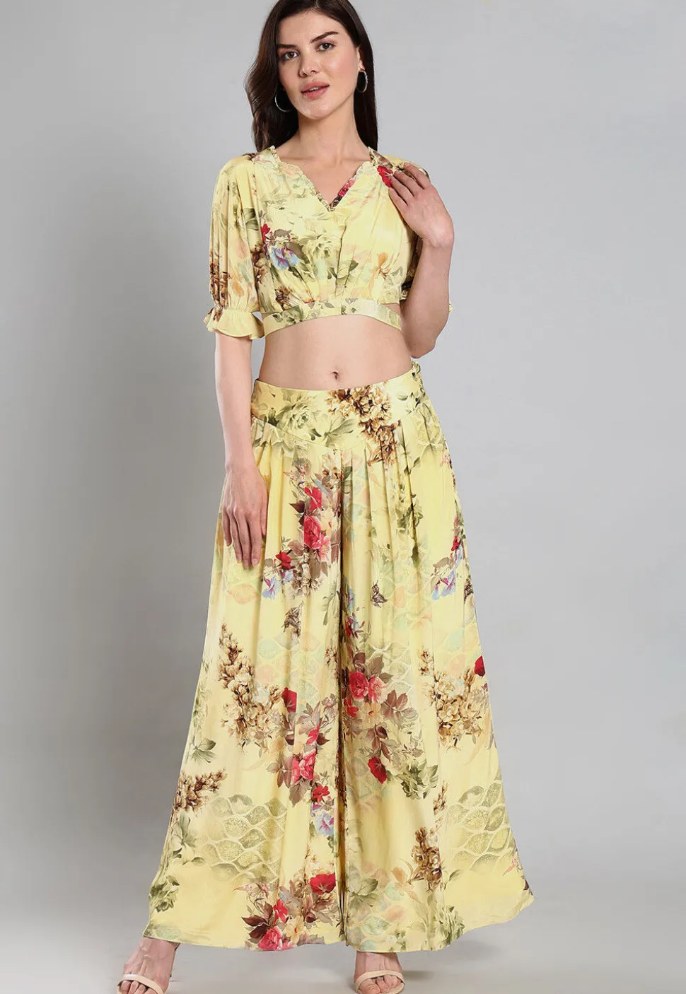 Digital Printed Art Silk Crop Top Set in Yellow