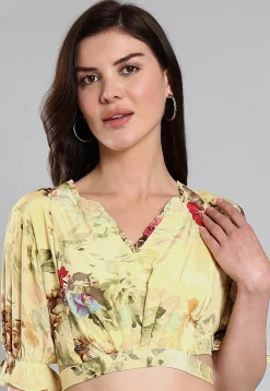 Digital Printed Art Silk Crop Top Set in Yellow