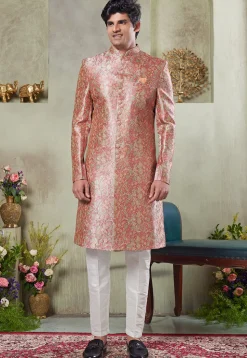 Digital Printed Art Silk Sherwani in Pink