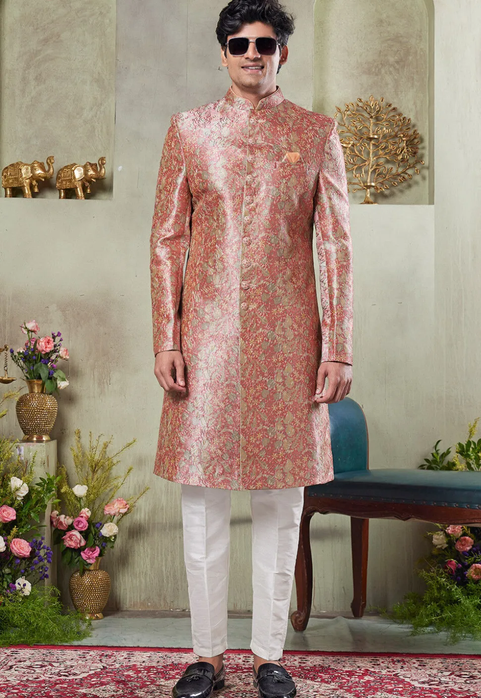Digital Printed Art Silk Sherwani in Pink