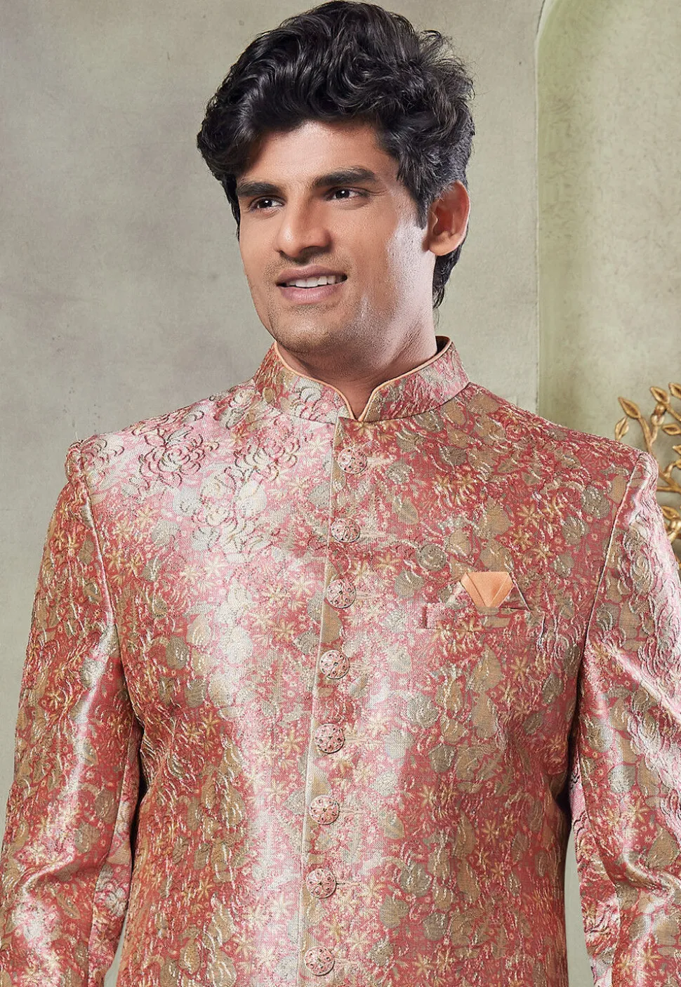 Digital Printed Art Silk Sherwani in Pink
