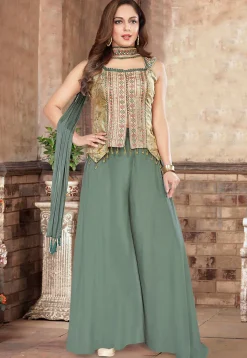 Digital Printed Art Silk Top Set in Beige