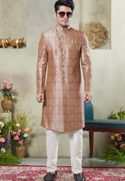 Digital Printed Art Silk Sherwani in Peach