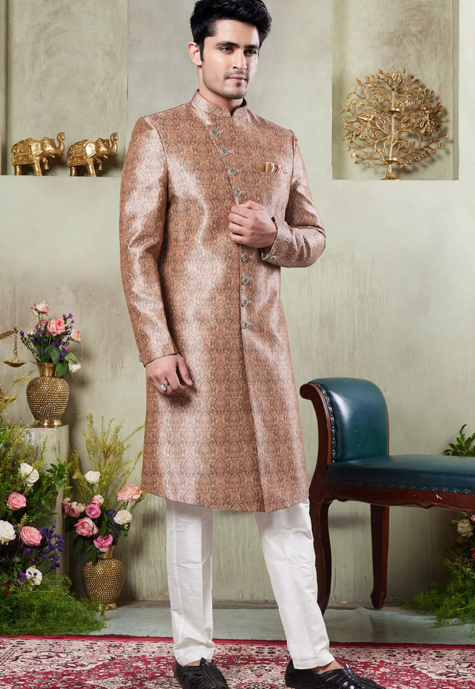Digital Printed Art Silk Sherwani in Peach