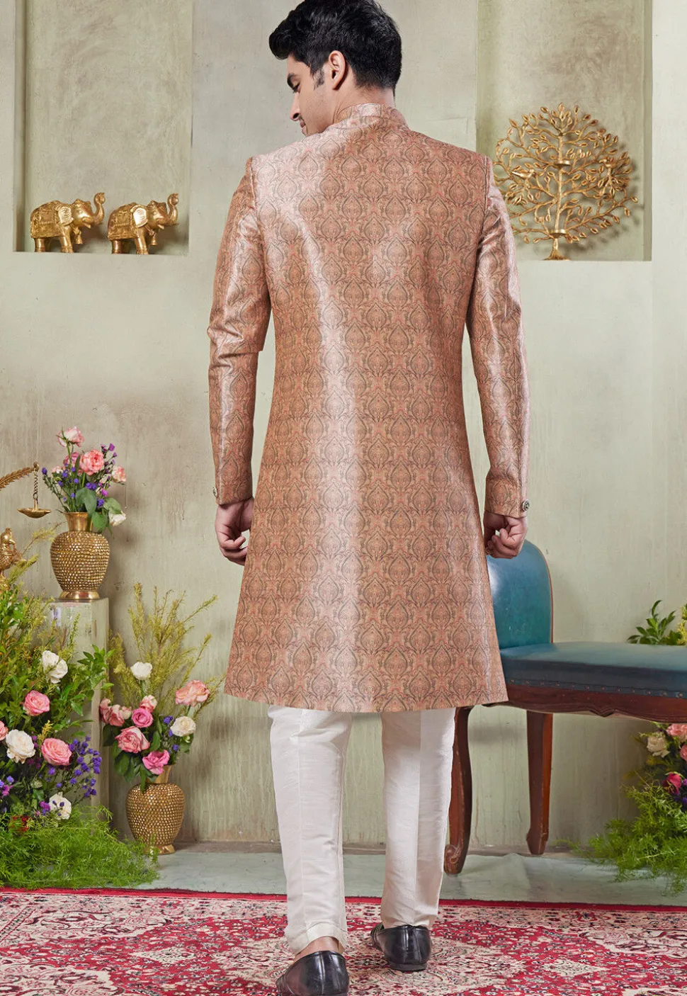 Digital Printed Art Silk Sherwani in Peach