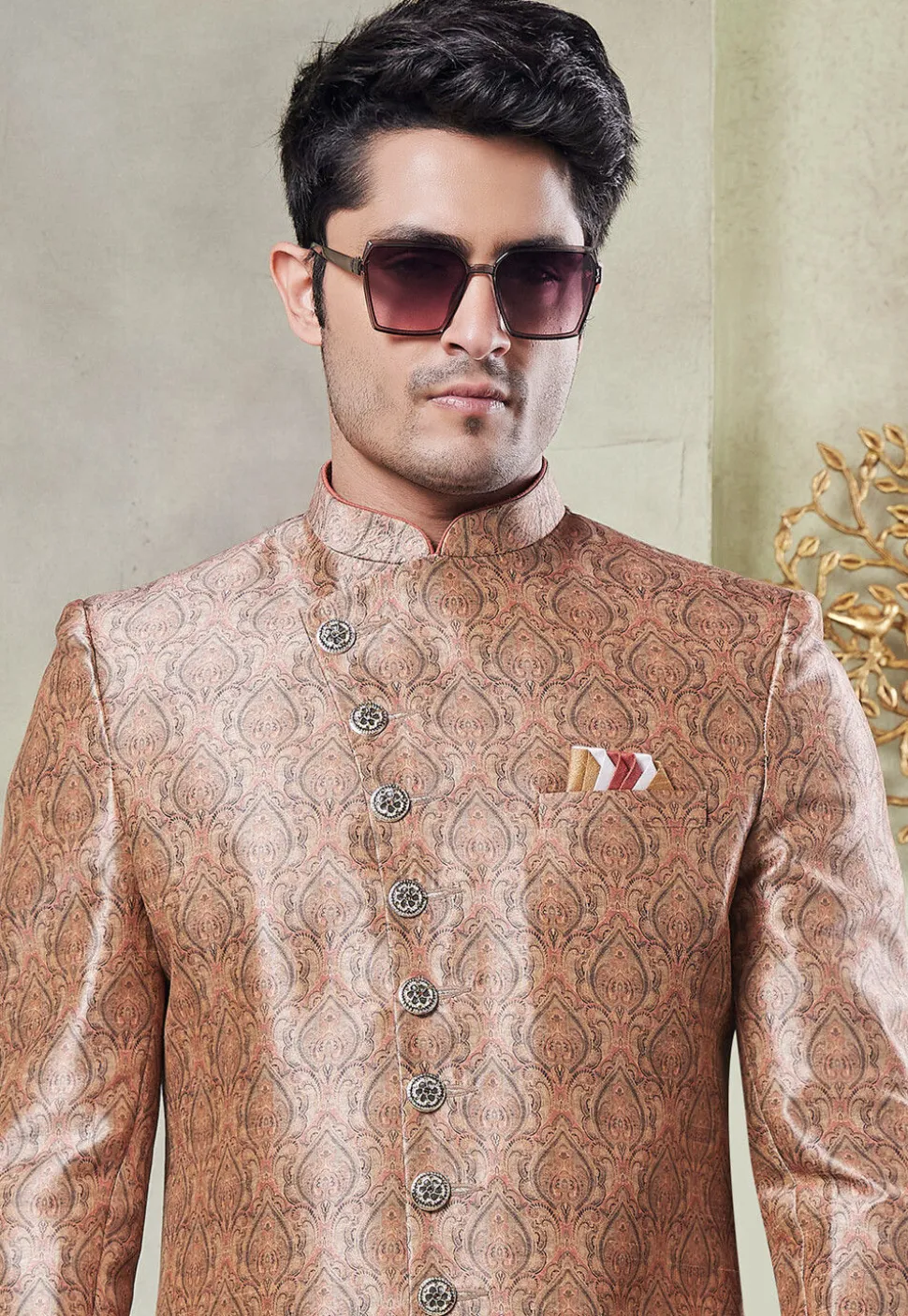 Digital Printed Art Silk Sherwani in Peach