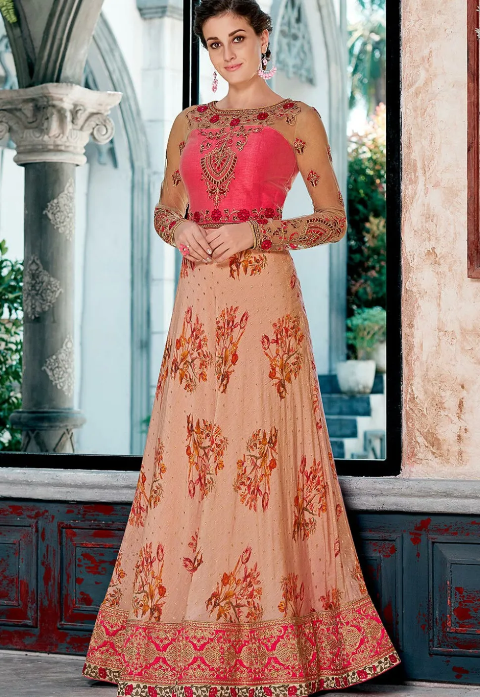 Digital Printed Art Silk Jacquard Gown in Peach and Pink