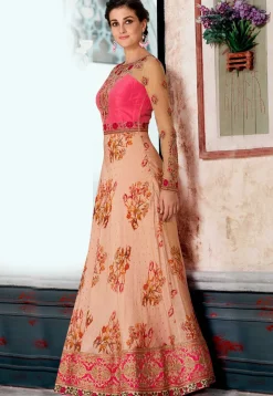 Digital Printed Art Silk Jacquard Gown in Peach and Pink