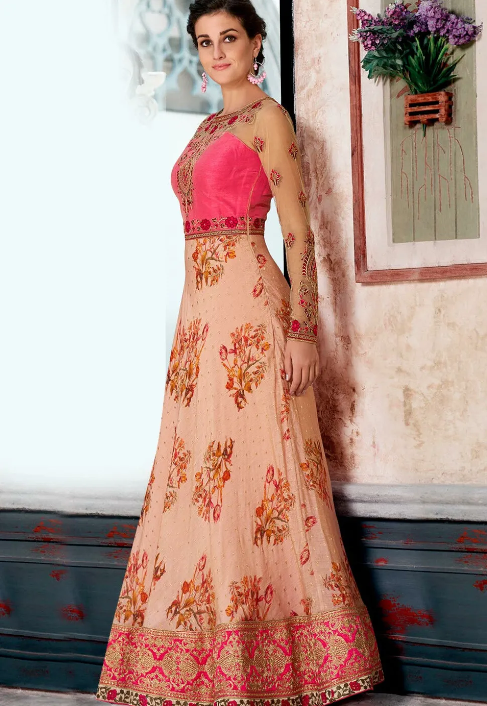 Digital Printed Art Silk Jacquard Gown in Peach and Pink